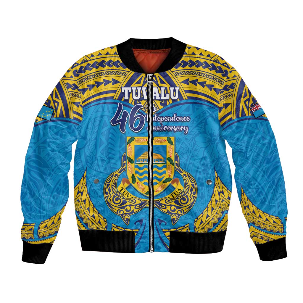 Personalised Tuvalu Independence Day Bomber Jacket Coat Of Arms With Polynesian Dolphin Tattoo LT05