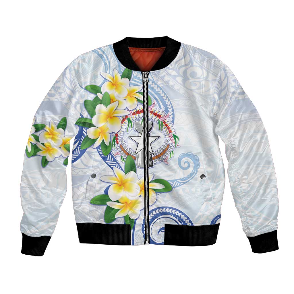 Northern Mariana Islands Chamorro Bomber Jacket Plumeria Curves Style White Version LT05