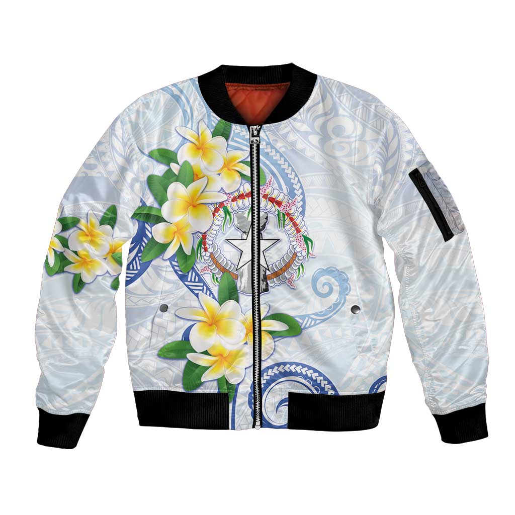 Northern Mariana Islands Chamorro Sleeve Zip Bomber Jacket Plumeria Curves Style White Version LT05