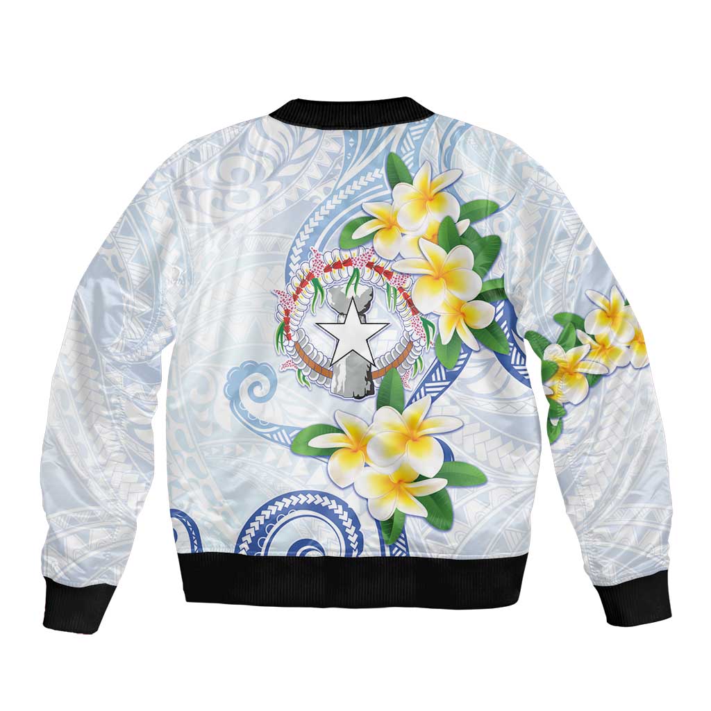 Northern Mariana Islands Chamorro Sleeve Zip Bomber Jacket Plumeria Curves Style White Version LT05