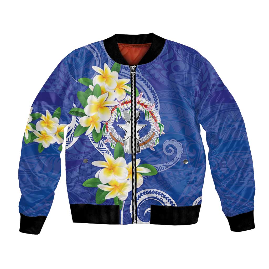 Northern Mariana Islands Chamorro Bomber Jacket Plumeria Curves Style Navy Version LT05