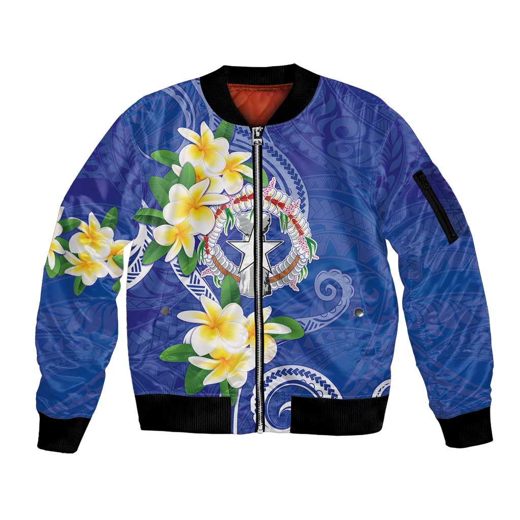 Northern Mariana Islands Chamorro Sleeve Zip Bomber Jacket Plumeria Curves Style Navy Version LT05