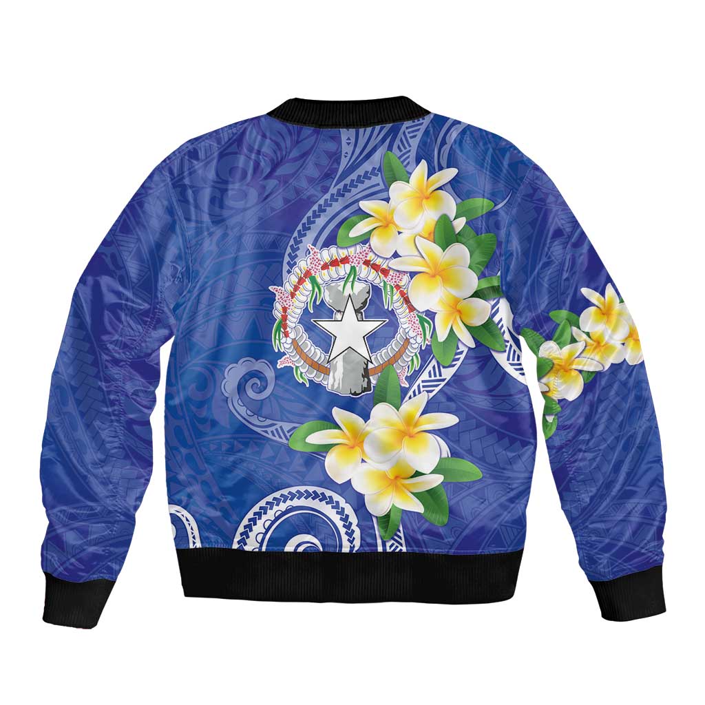 Northern Mariana Islands Chamorro Sleeve Zip Bomber Jacket Plumeria Curves Style Navy Version LT05