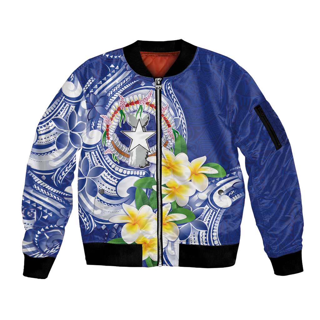 Northern Mariana Islands Sleeve Zip Bomber Jacket Polynesian Pattern With Frangipani LT05