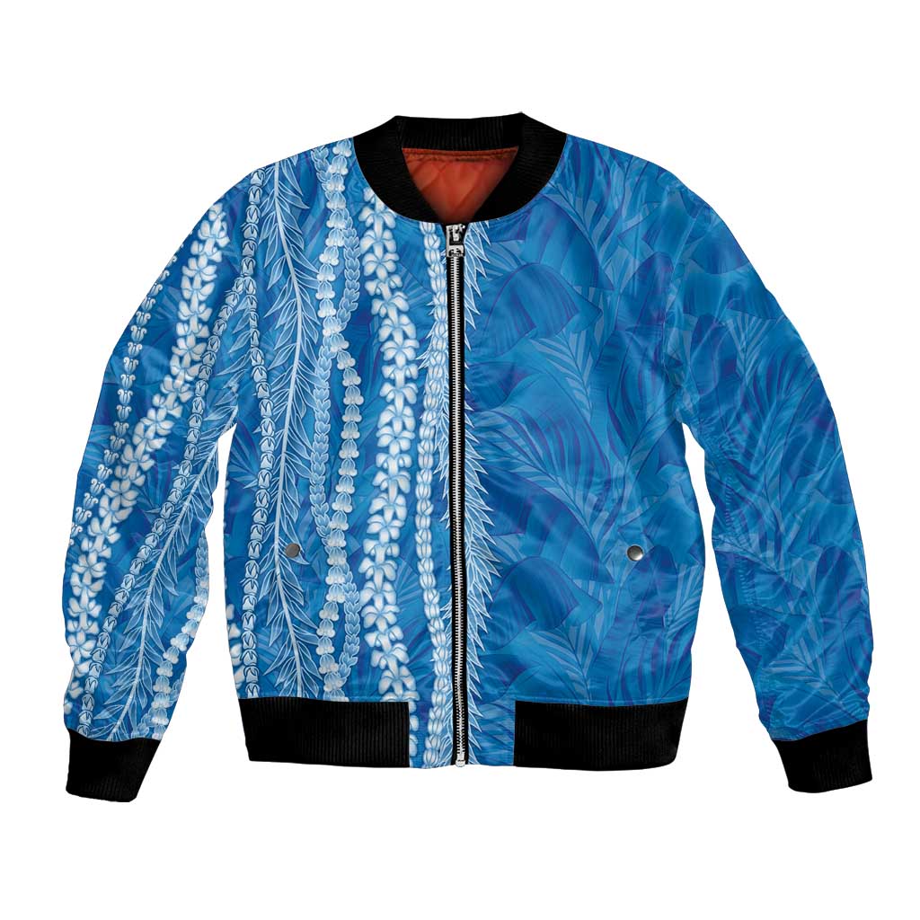 Hawaii Prince Kuhio Bomber Jacket Blue Hawaiian Lau Maia With Leis LT05