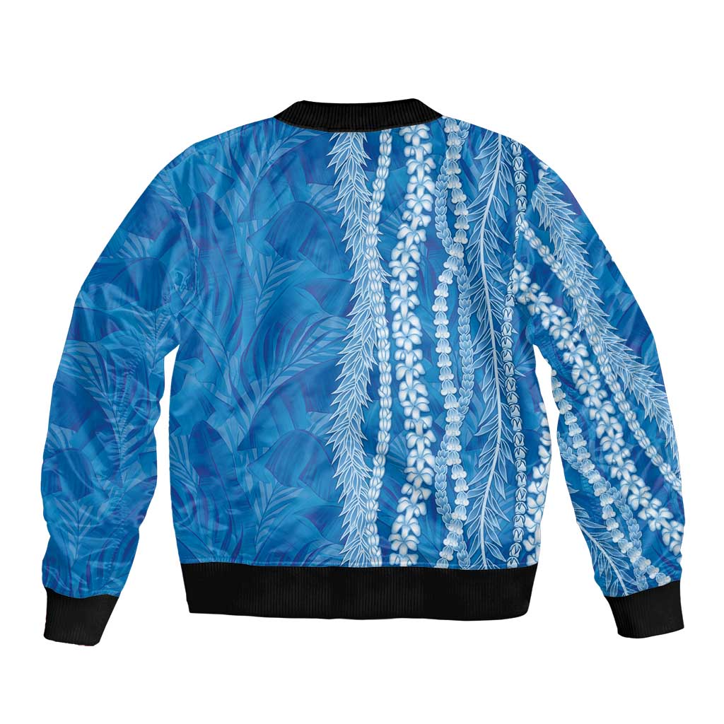 Hawaii Prince Kuhio Sleeve Zip Bomber Jacket Blue Hawaiian Lau Maia With Leis LT05