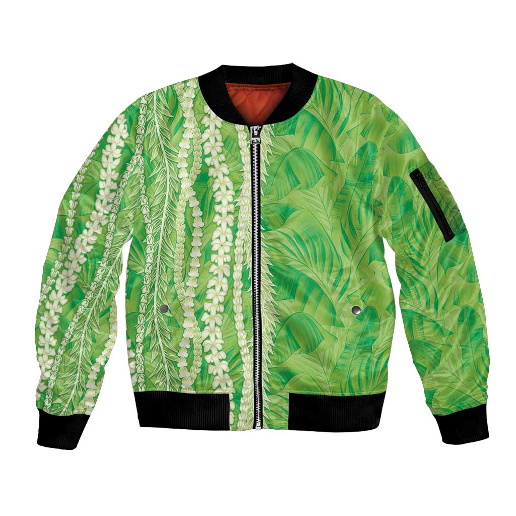Hawaii Prince Kuhio Sleeve Zip Bomber Jacket Lime Green Hawaiian Lau Maia With Leis LT05