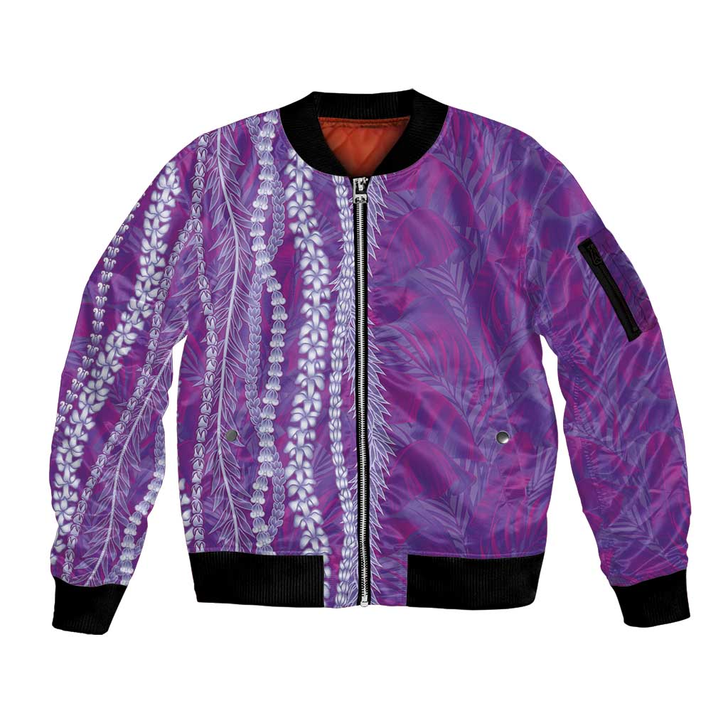 Hawaii Prince Kuhio Sleeve Zip Bomber Jacket Violet Hawaiian Lau Maia With Leis LT05