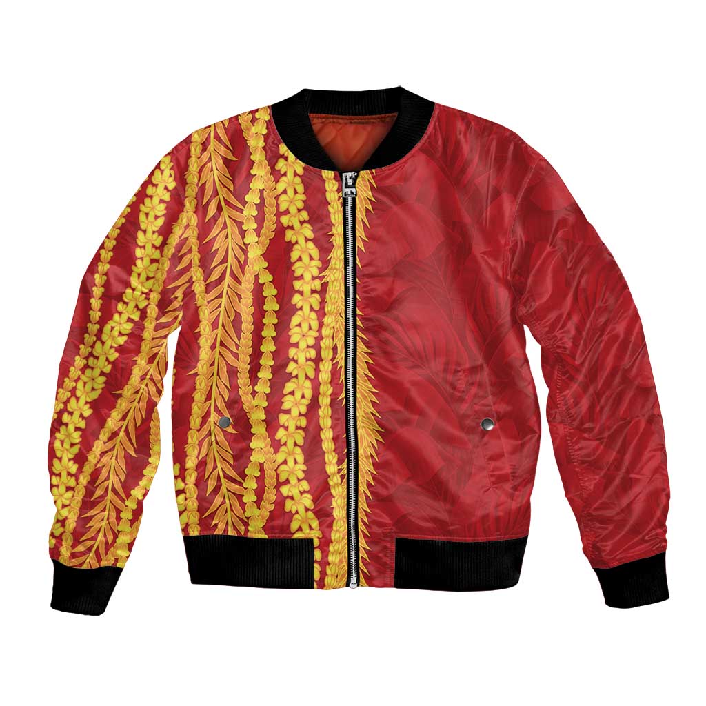 Hawaii Prince Kuhio Bomber Jacket Red Hawaiian Lau Maia With Leis LT05