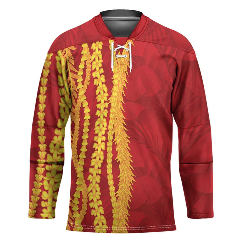 Hawaii Prince Kuhio Hockey Jersey Red Hawaiian Lau Maia With Leis LT05
