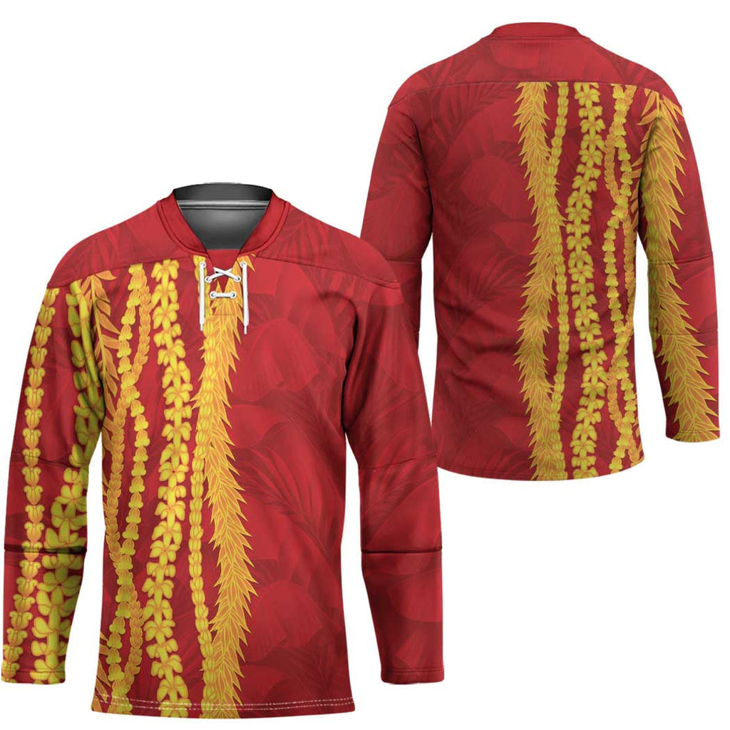 Hawaii Prince Kuhio Hockey Jersey Red Hawaiian Lau Maia With Leis LT05