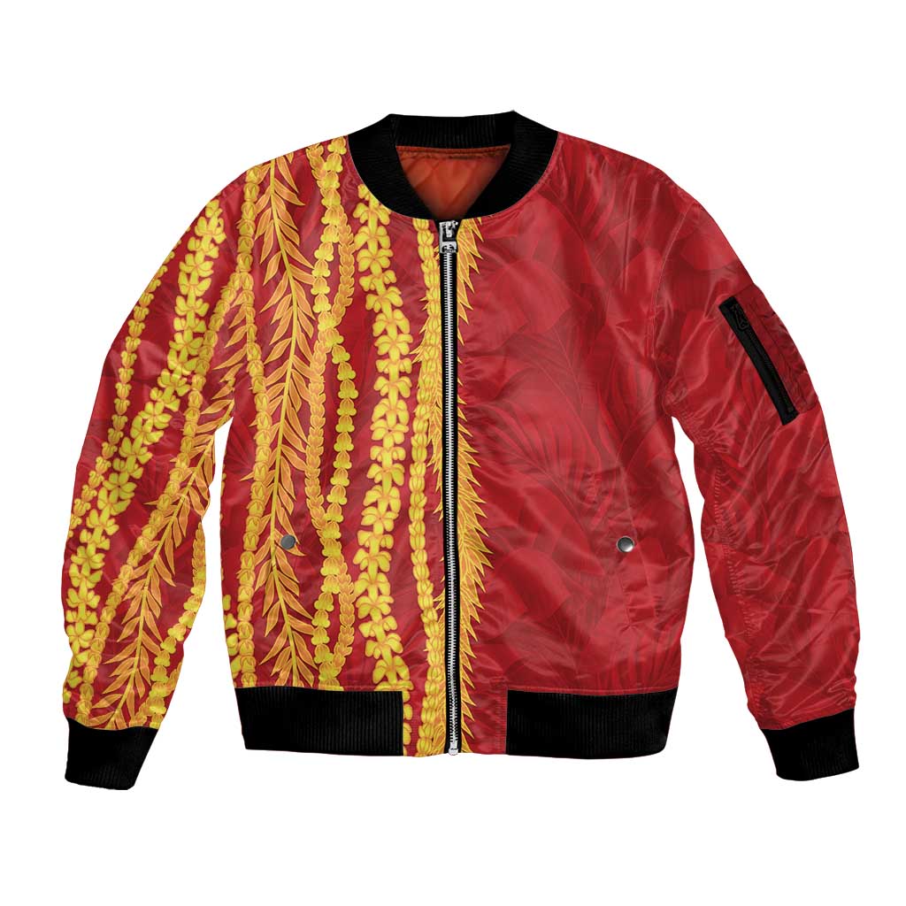 Hawaii Prince Kuhio Sleeve Zip Bomber Jacket Red Hawaiian Lau Maia With Leis LT05