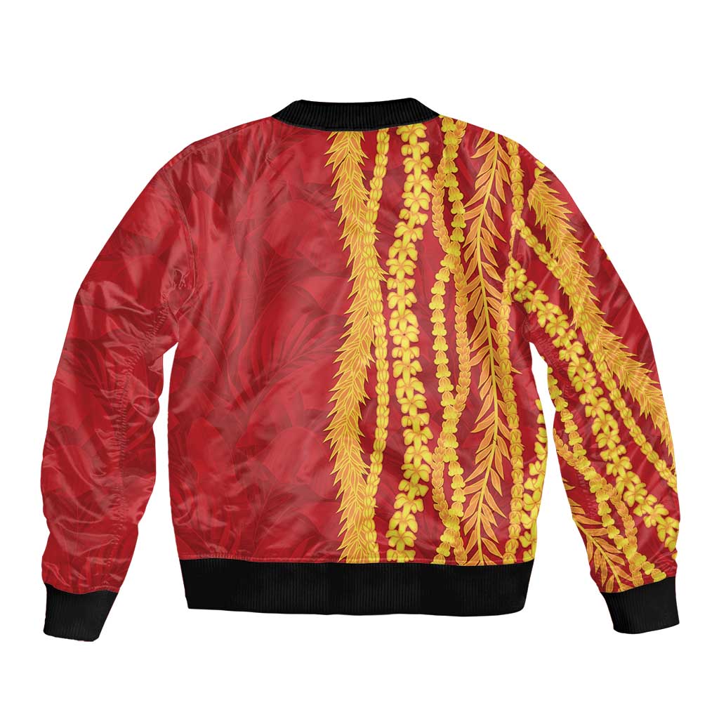 Hawaii Prince Kuhio Sleeve Zip Bomber Jacket Red Hawaiian Lau Maia With Leis LT05