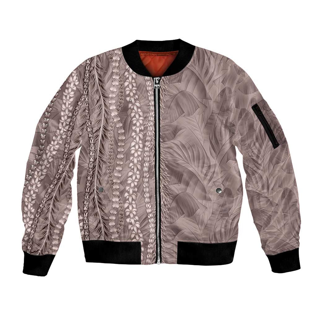 Hawaii Prince Kuhio Sleeve Zip Bomber Jacket Mocha Hawaiian Lau Maia With Leis LT05