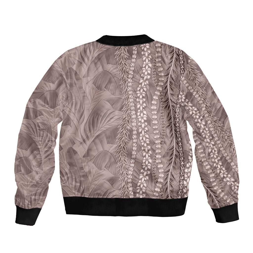 Hawaii Prince Kuhio Sleeve Zip Bomber Jacket Mocha Hawaiian Lau Maia With Leis LT05