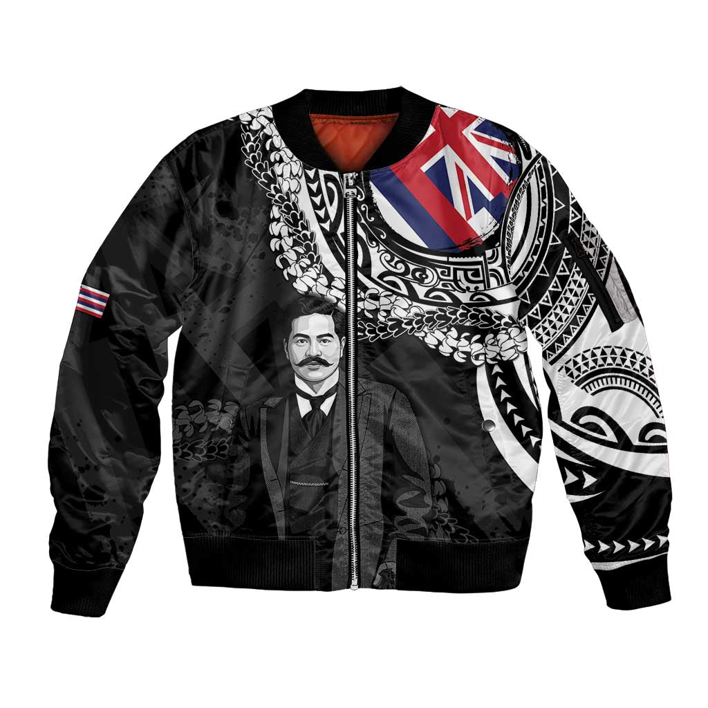 Personalised Hawaii Prince Kuhio Sleeve Zip Bomber Jacket Hawaiian Maile Lei LT05