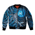 New Zealand Matariki Sleeve Zip Bomber Jacket Maori Koru With Humpback Whale Blue LT05