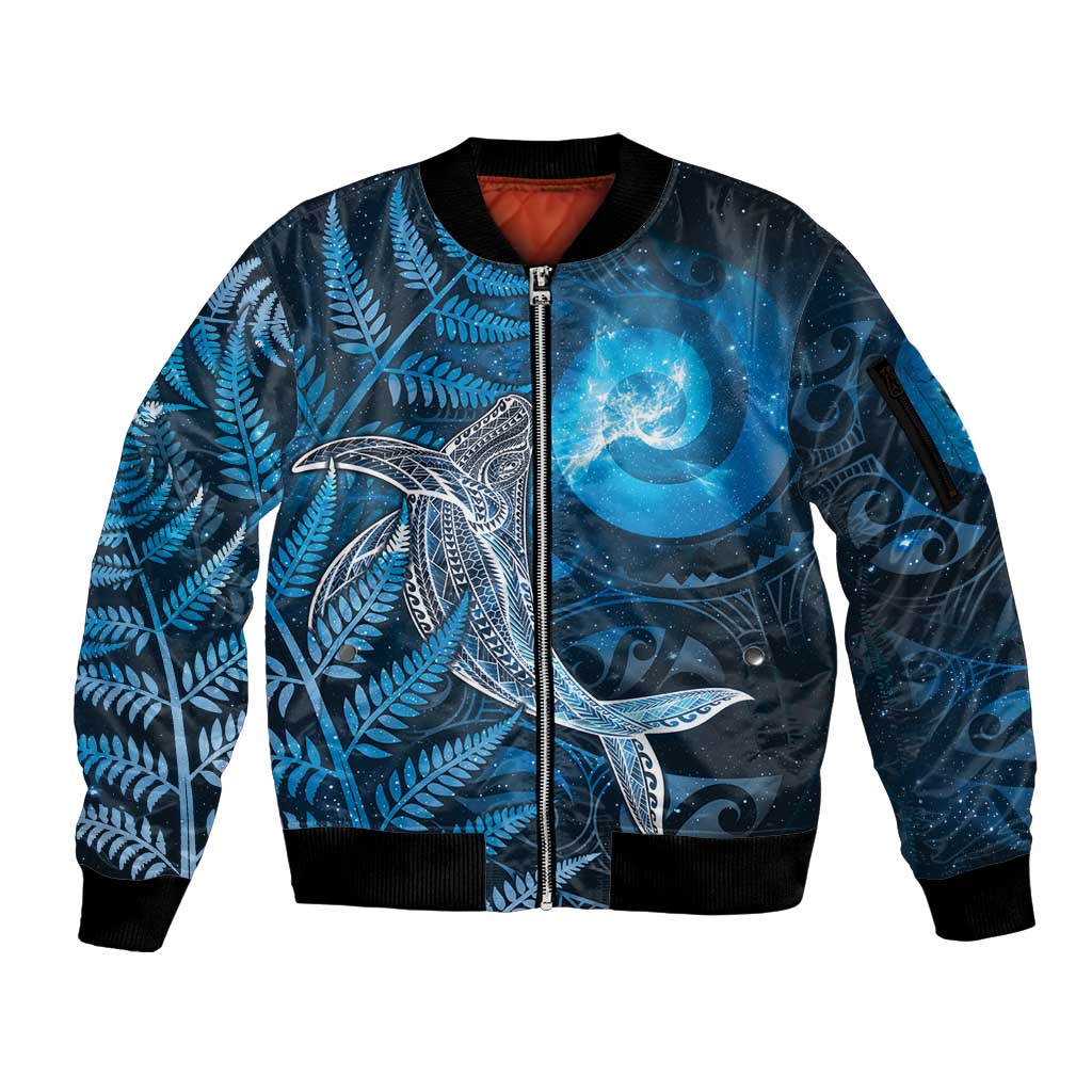 New Zealand Matariki Sleeve Zip Bomber Jacket Maori Koru With Humpback Whale Blue LT05
