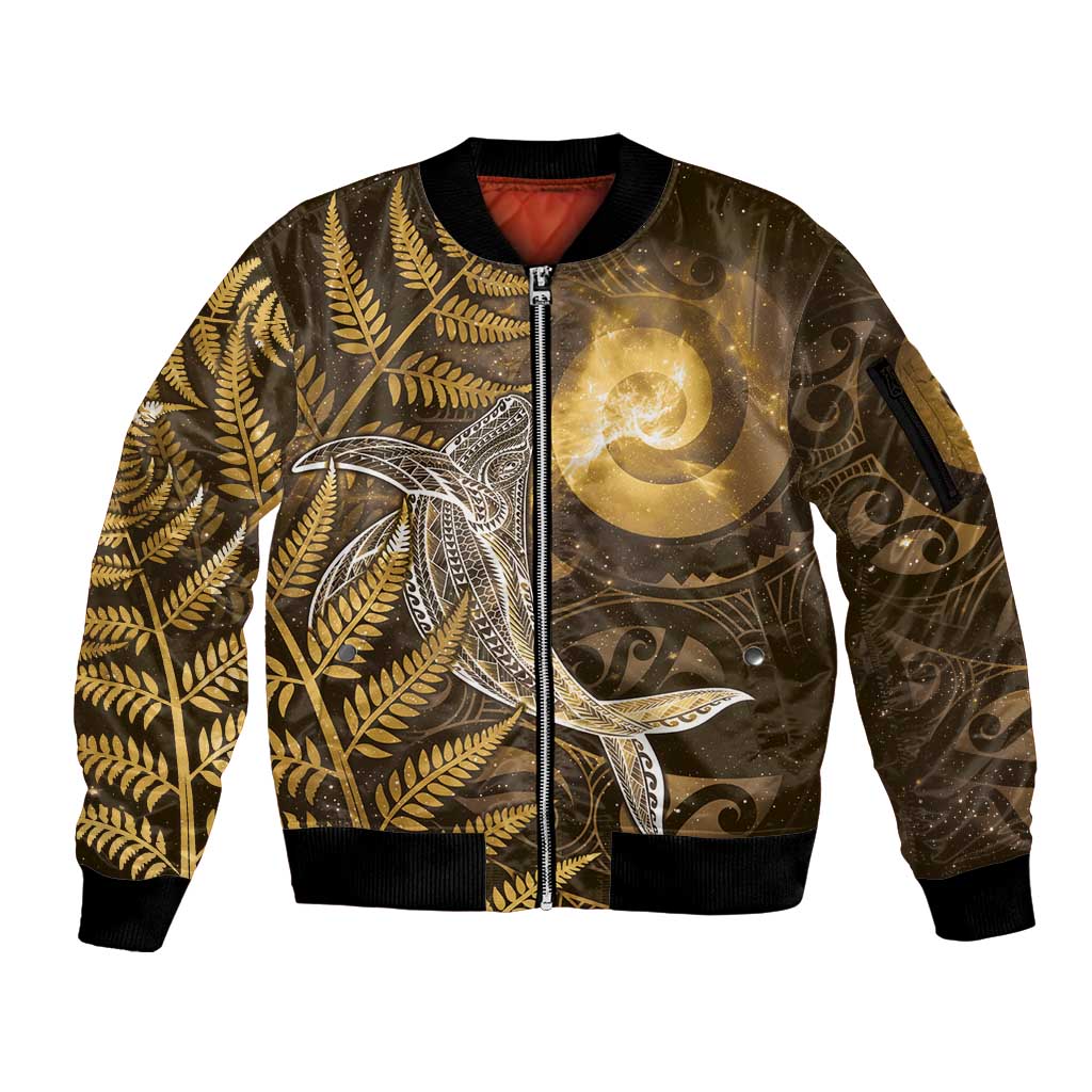 New Zealand Matariki Sleeve Zip Bomber Jacket Maori Koru With Humpback Whale Gold LT05
