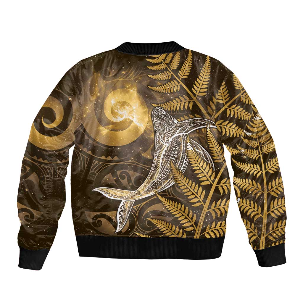 New Zealand Matariki Sleeve Zip Bomber Jacket Maori Koru With Humpback Whale Gold LT05