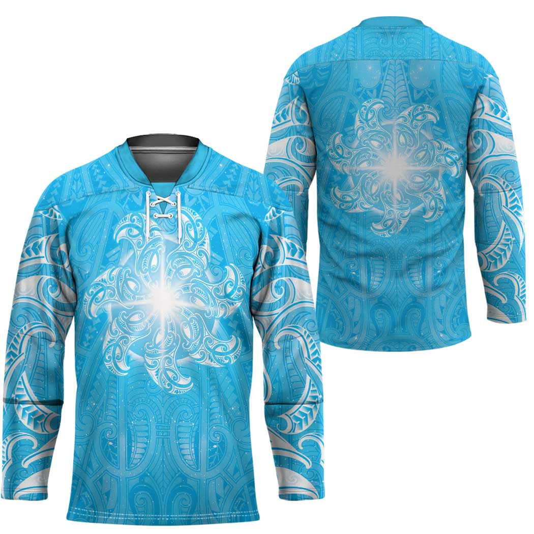 New Zealand Matariki Waiti Hockey Jersey Maori Moko Cyan Galaxy LT05