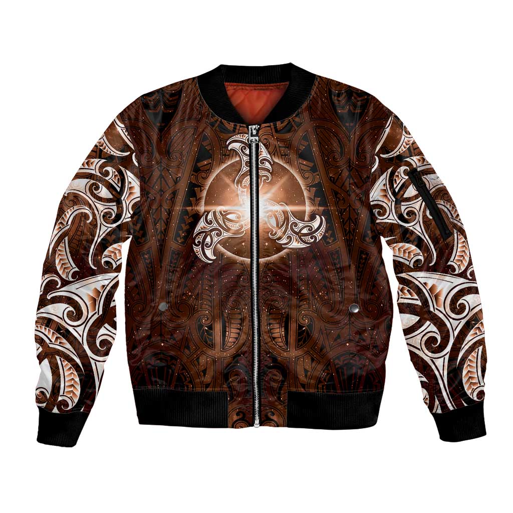 New Zealand Matariki Tupuanuku Sleeve Zip Bomber Jacket Maori Moko Brown Galaxy LT05