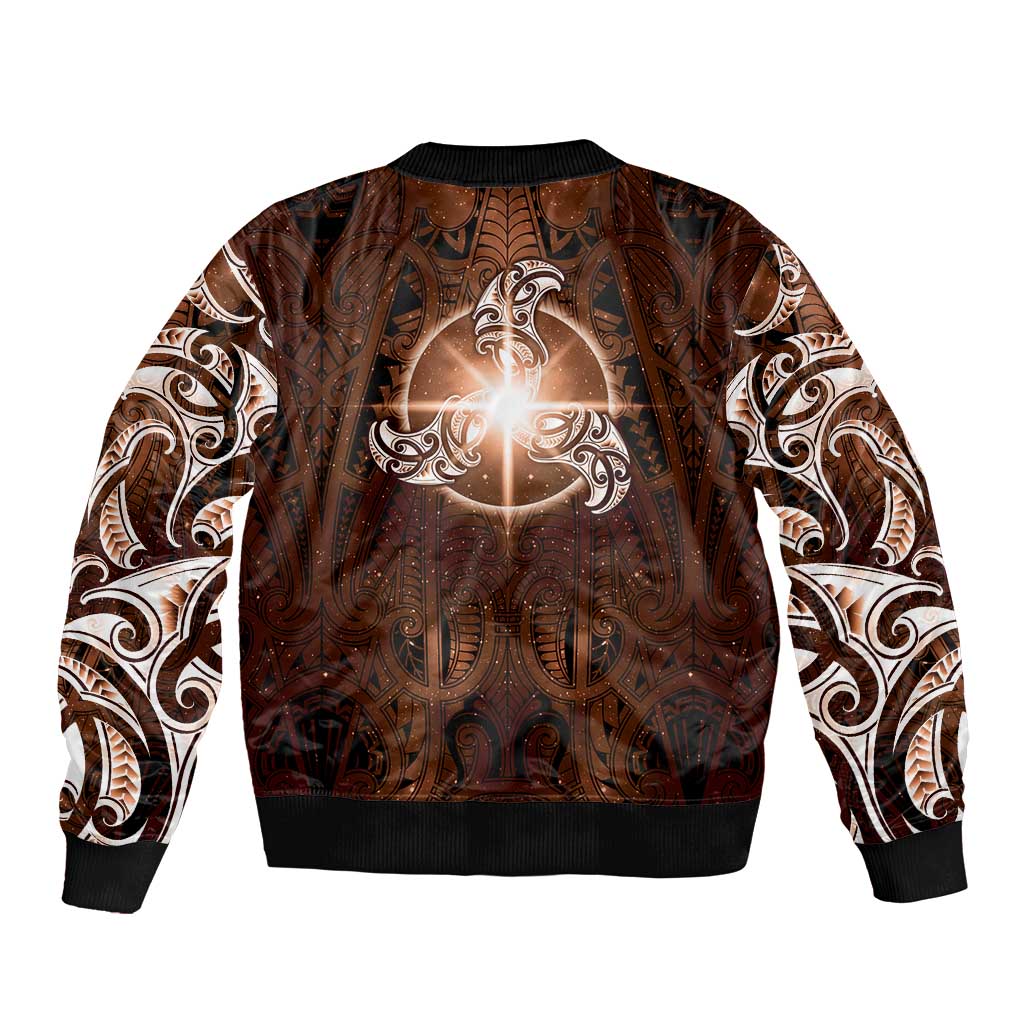 New Zealand Matariki Tupuanuku Sleeve Zip Bomber Jacket Maori Moko Brown Galaxy LT05