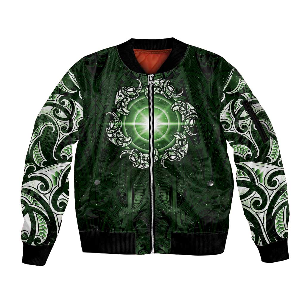 New Zealand Matariki Tupuarangi Sleeve Zip Bomber Jacket Maori Moko Green Galaxy LT05