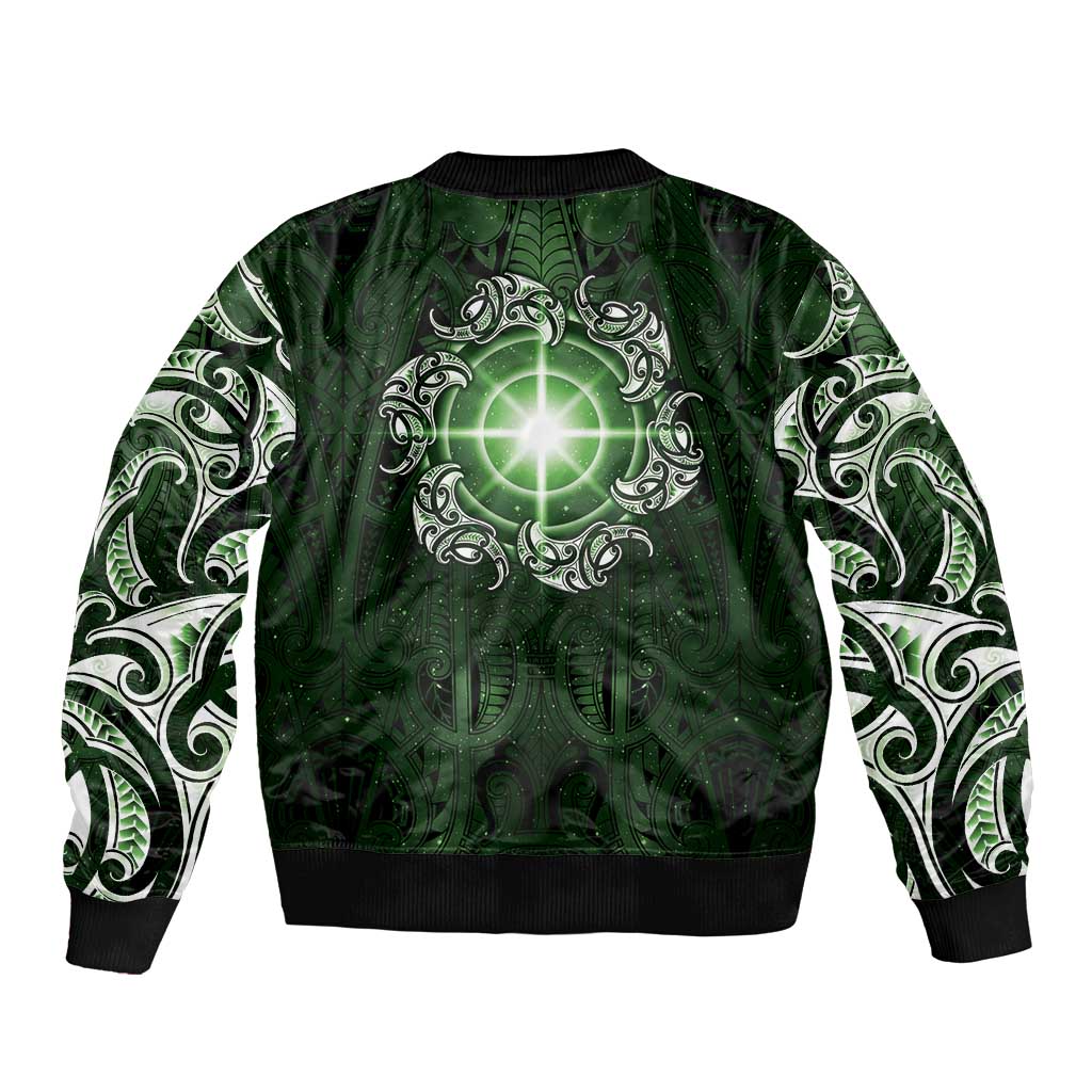 New Zealand Matariki Tupuarangi Sleeve Zip Bomber Jacket Maori Moko Green Galaxy LT05