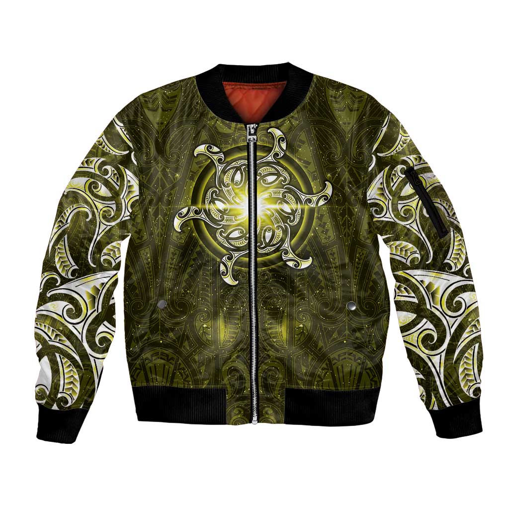 New Zealand Matariki Hiwaiterangi Sleeve Zip Bomber Jacket Maori Moko Yellow Galaxy LT05