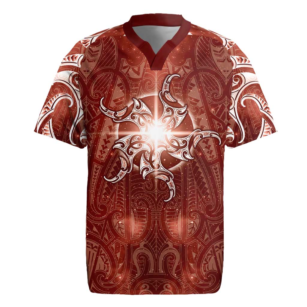 New Zealand Matariki Pohutukawa Rugby Jersey Maori Moko Red Galaxy LT05
