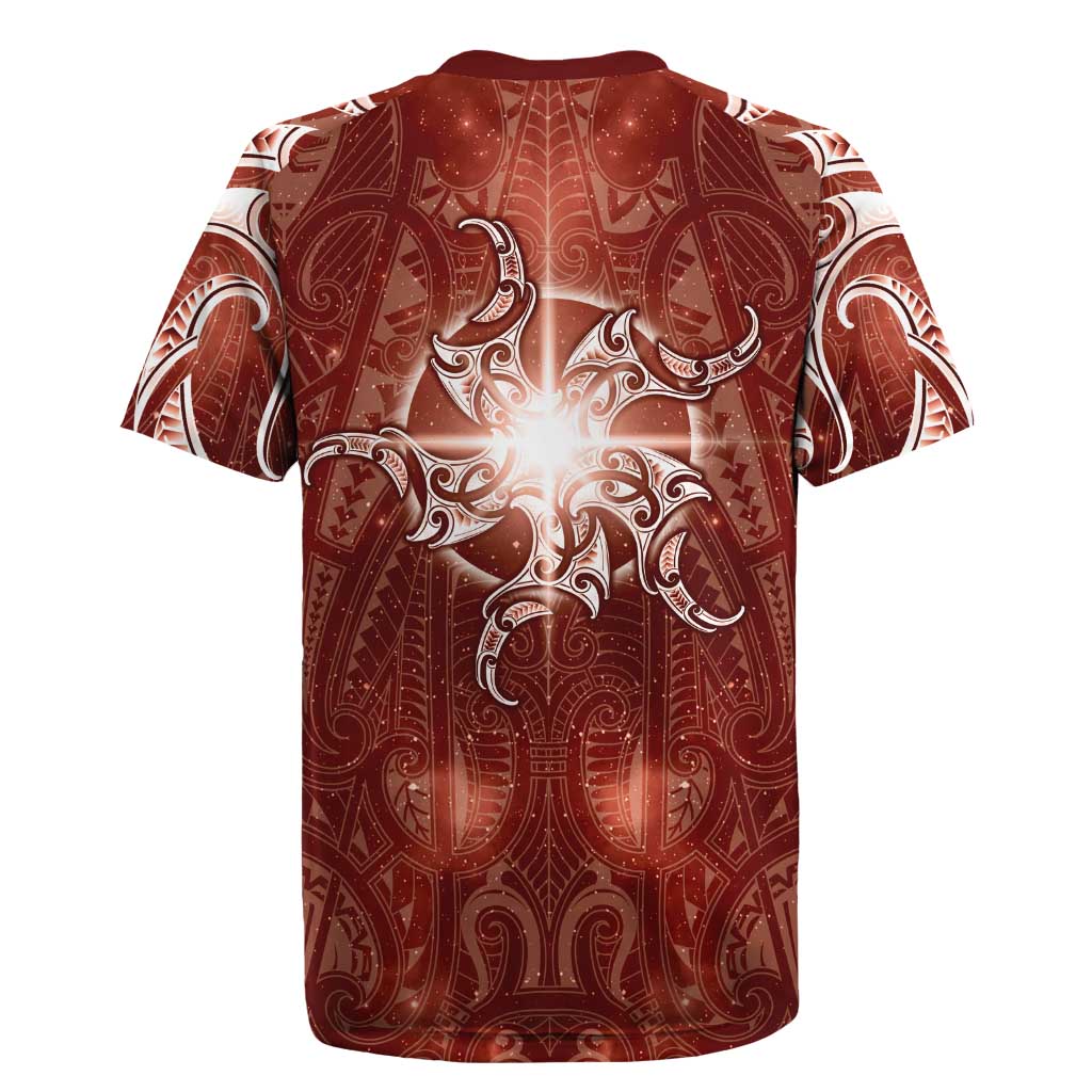 New Zealand Matariki Pohutukawa Rugby Jersey Maori Moko Red Galaxy LT05