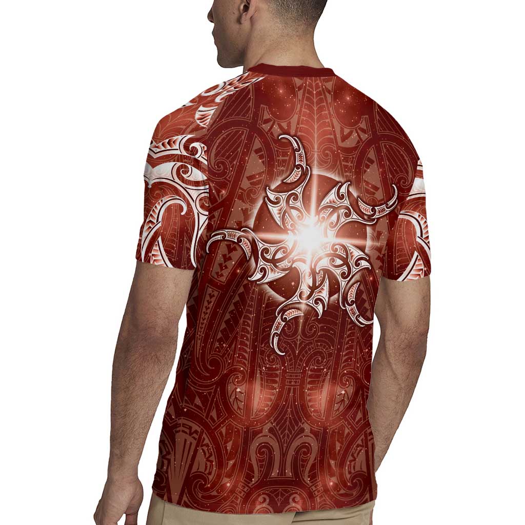 New Zealand Matariki Pohutukawa Rugby Jersey Maori Moko Red Galaxy LT05