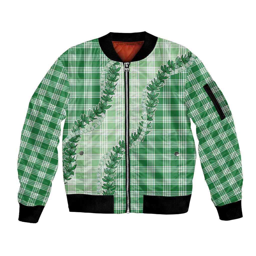 Green Hawaii Palaka Sleeve Zip Bomber Jacket Hawaiian Pikake Lei LT05