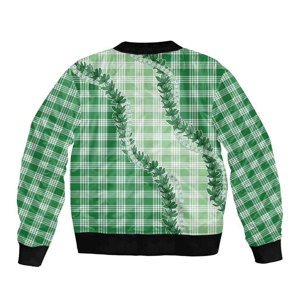 Green Hawaii Palaka Sleeve Zip Bomber Jacket Hawaiian Pikake Lei LT05