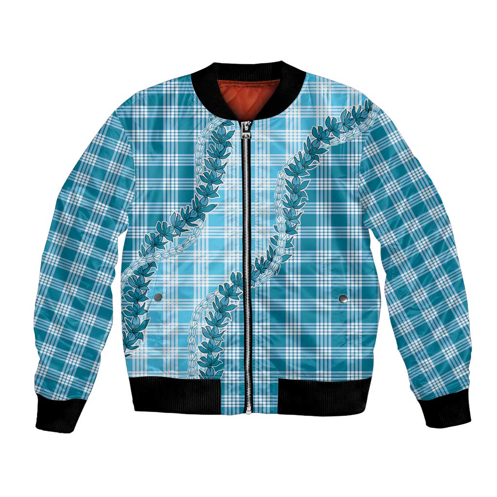 Blue Hawaii Palaka Bomber Jacket Hawaiian Pikake Lei LT05