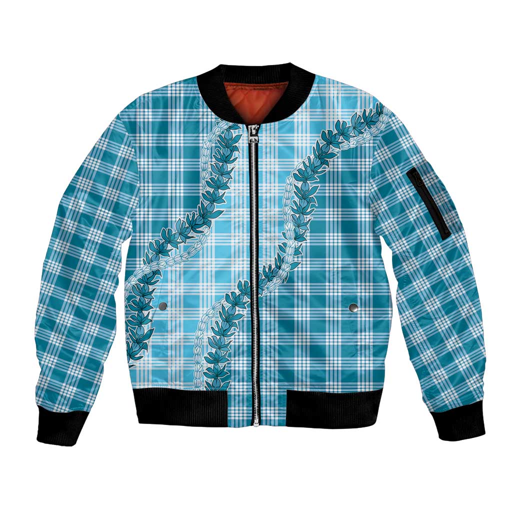 Blue Hawaii Palaka Sleeve Zip Bomber Jacket Hawaiian Pikake Lei LT05