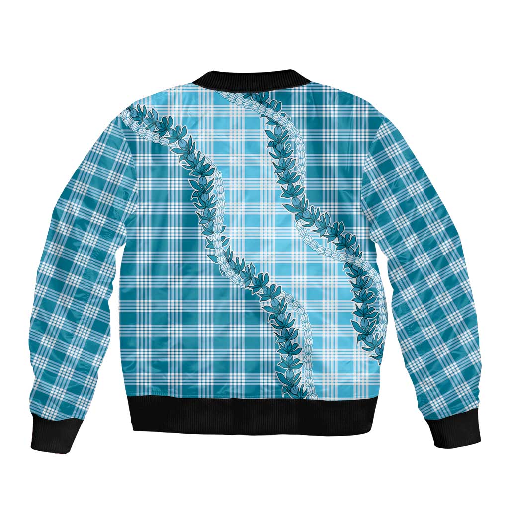 Blue Hawaii Palaka Sleeve Zip Bomber Jacket Hawaiian Pikake Lei LT05
