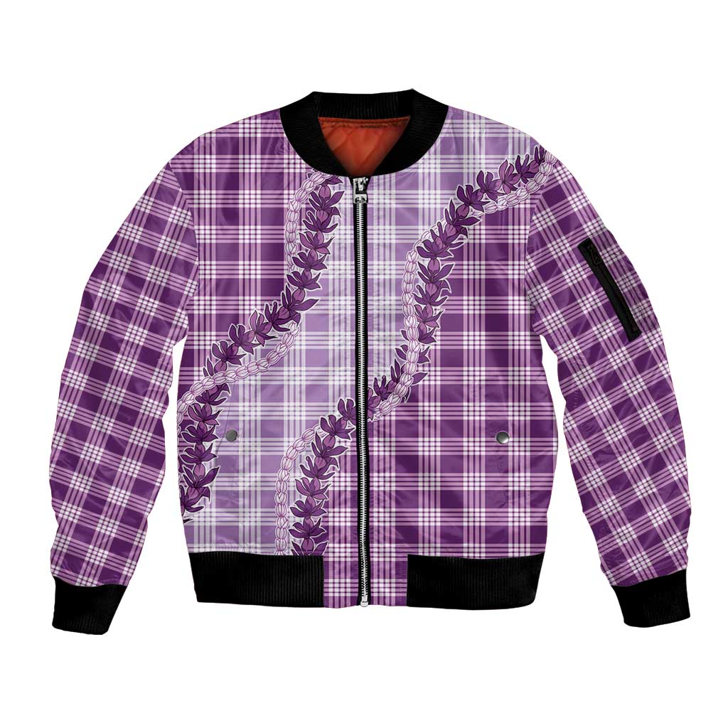 Violet Hawaii Palaka Sleeve Zip Bomber Jacket Hawaiian Pikake Lei LT05