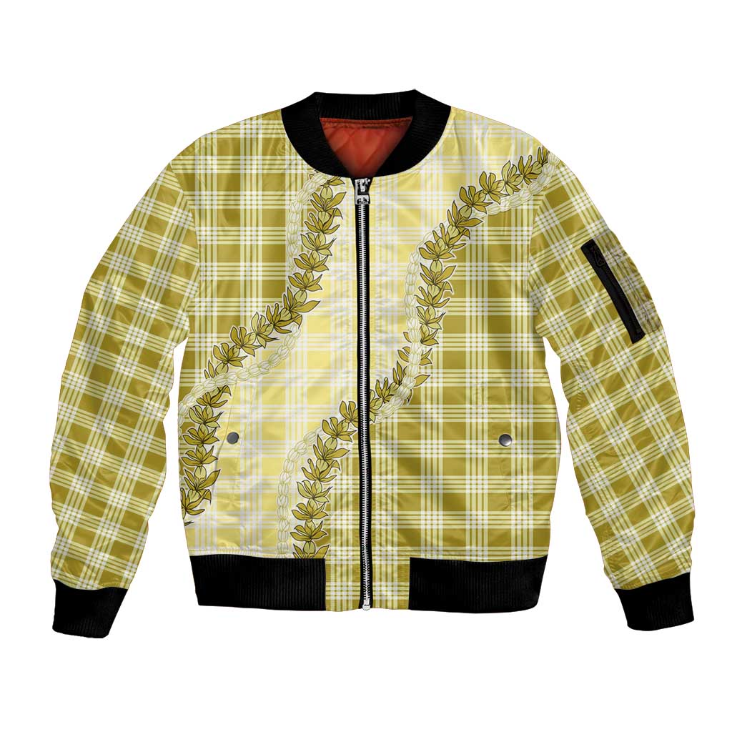 Yellow Hawaii Palaka Sleeve Zip Bomber Jacket Hawaiian Pikake Lei LT05