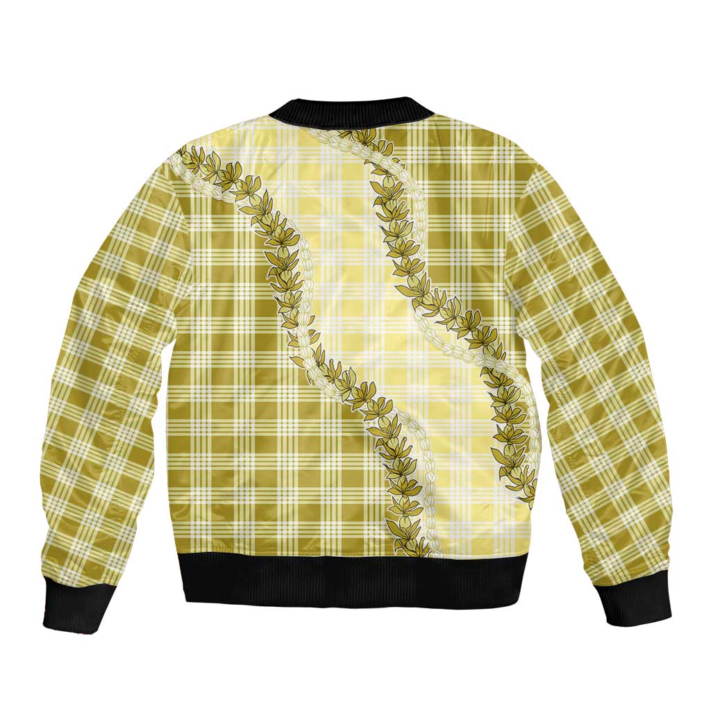 Yellow Hawaii Palaka Sleeve Zip Bomber Jacket Hawaiian Pikake Lei LT05
