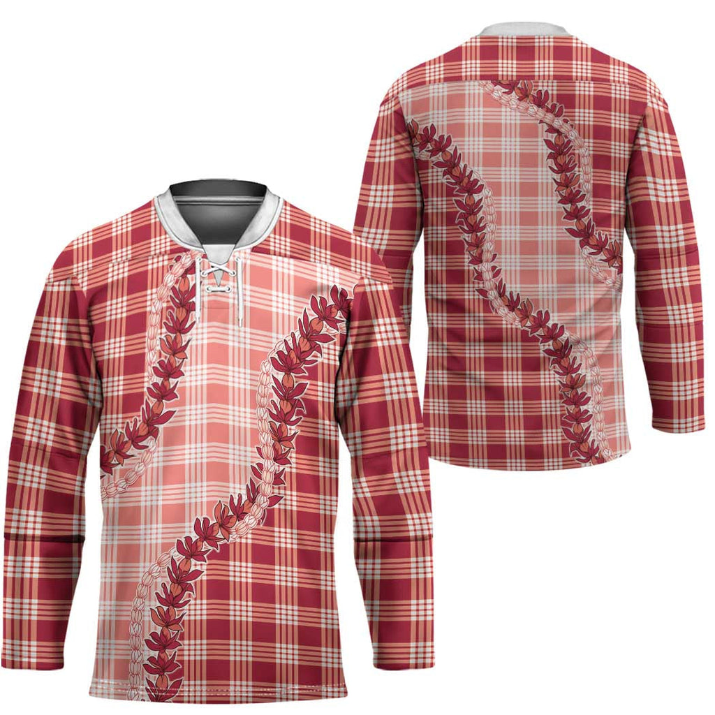 Red Hawaii Palaka Hockey Jersey Hawaiian Pikake Lei LT05