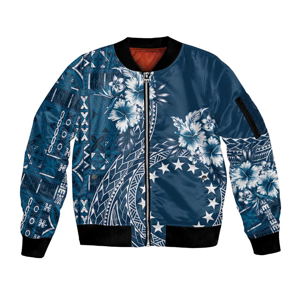 Kia Orana Cook Islands Sleeve Zip Bomber Jacket Tiare and Stars - Navy Blue LT7