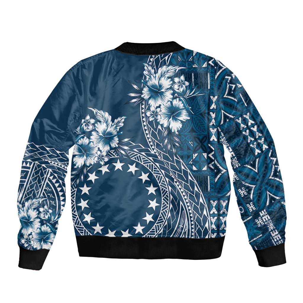 Kia Orana Cook Islands Sleeve Zip Bomber Jacket Tiare and Stars - Navy Blue LT7