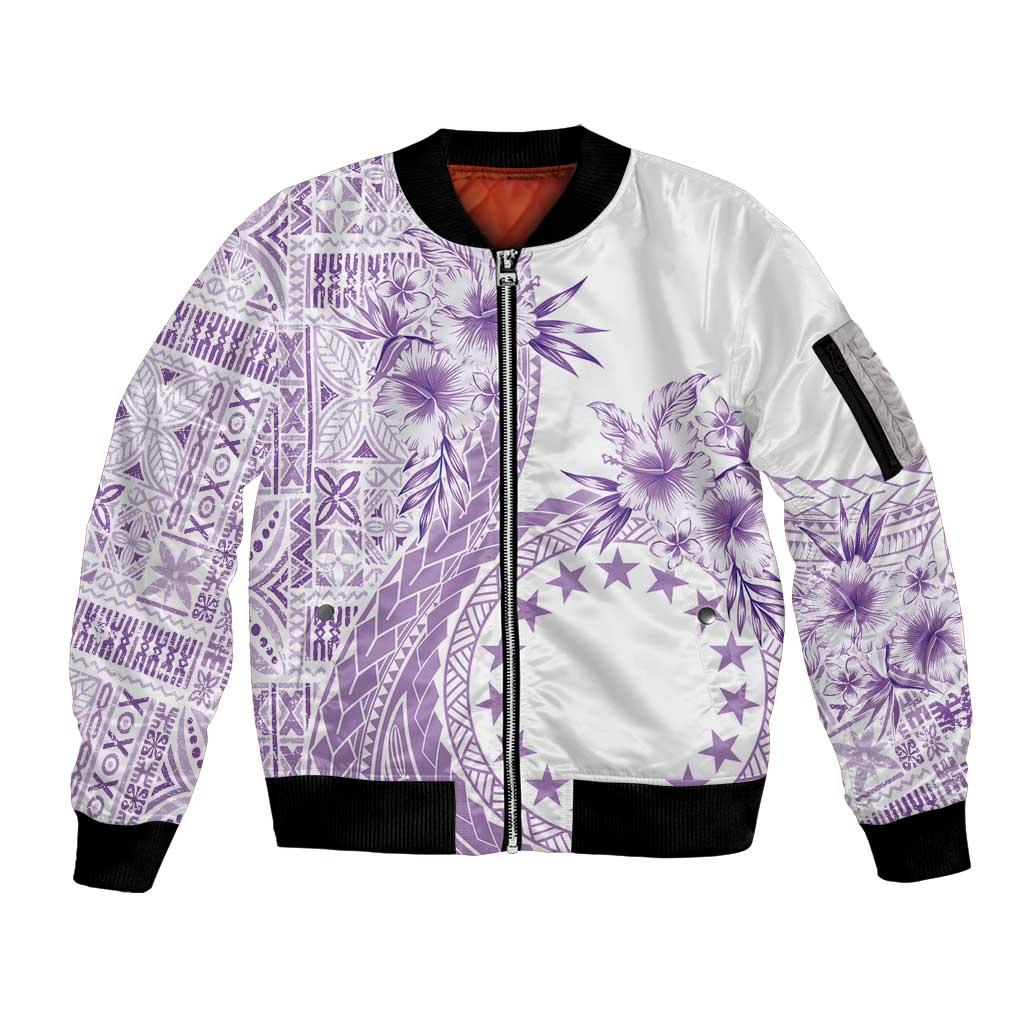 Kia Orana Cook Islands Sleeve Zip Bomber Jacket Tiare and Stars - Lavender LT7