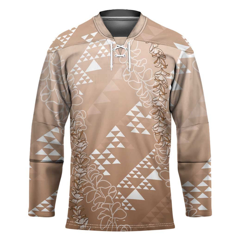 Hawaii Beige Kapa Hockey Jersey Vintage 'Ohe Kāpala Motifs Mix Plumeria Leis LT7