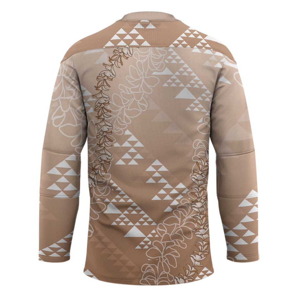 Hawaii Beige Kapa Hockey Jersey Vintage 'Ohe Kāpala Motifs Mix Plumeria Leis LT7
