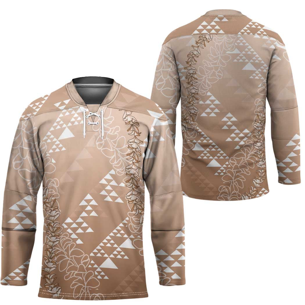 Hawaii Beige Kapa Hockey Jersey Vintage 'Ohe Kāpala Motifs Mix Plumeria Leis LT7