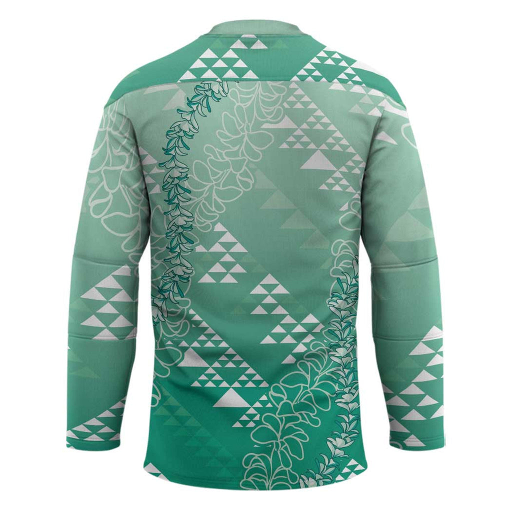 Hawaii Jade Green Kapa Hockey Jersey Vintage 'Ohe Kāpala Motifs Mix Plumeria Leis LT7