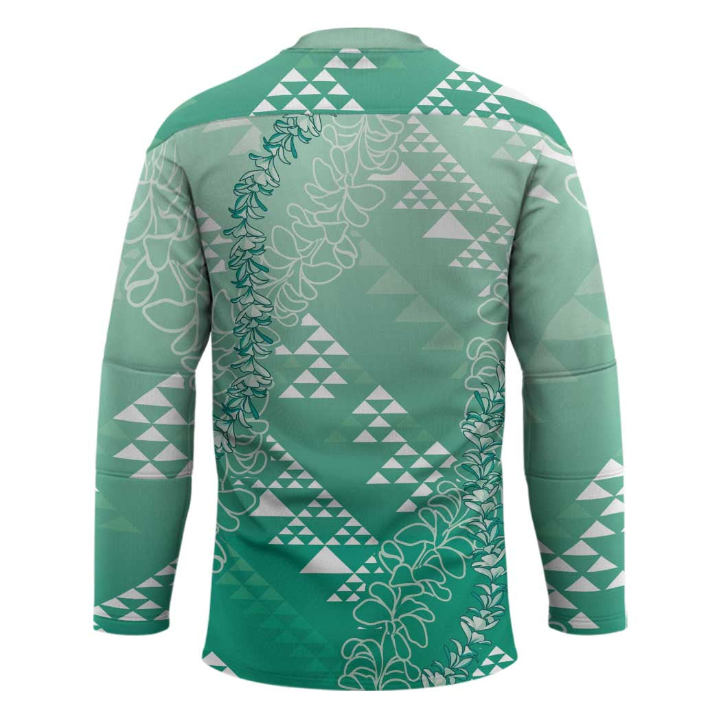 Hawaii Jade Green Kapa Hockey Jersey Vintage 'Ohe Kāpala Motifs Mix Plumeria Leis LT7